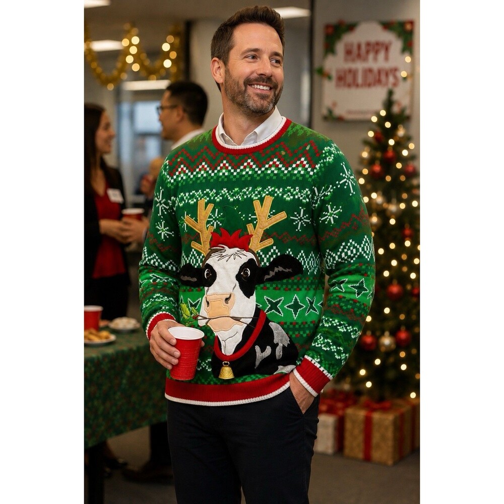 Holiday Time XL Ugly Christmas Sweater Cow Reindeer Bells Green Red Unisex Xmas